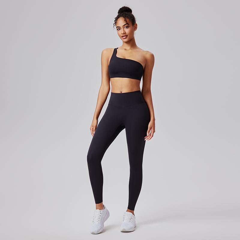 AFZ Two Pieces Workout Sets One Shoulder Sports Bra Asymmetrical Workout Yoga Bra Includes Transparent Straps